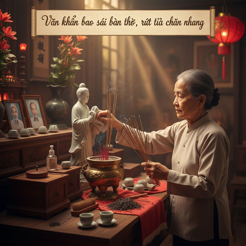 Văn khấn bao sái bàn thờ, rút tỉa chân nhang